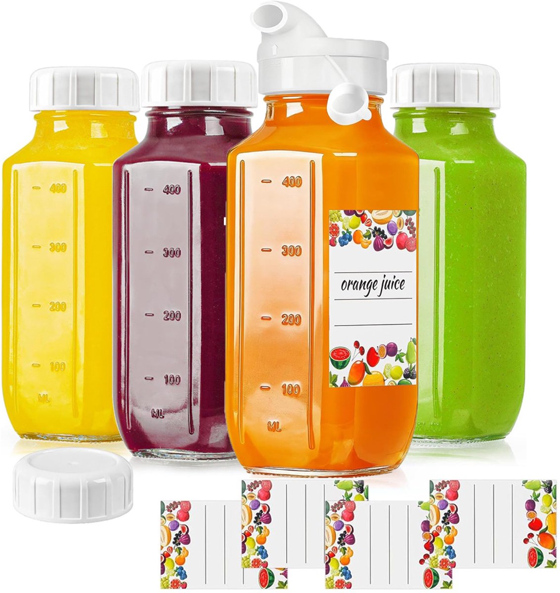 Set Van 4 Glazen Flessen Van 500 ml Met 1 Siliconen Schenktuit - Voedselveilig Lekvrije Deksels Gemakkelijk Schoon Te Maken Geschikt Voor Koelkast En Keukenkastjes - Voor Kruiden, Thee, Bonen, Meel En Dranken