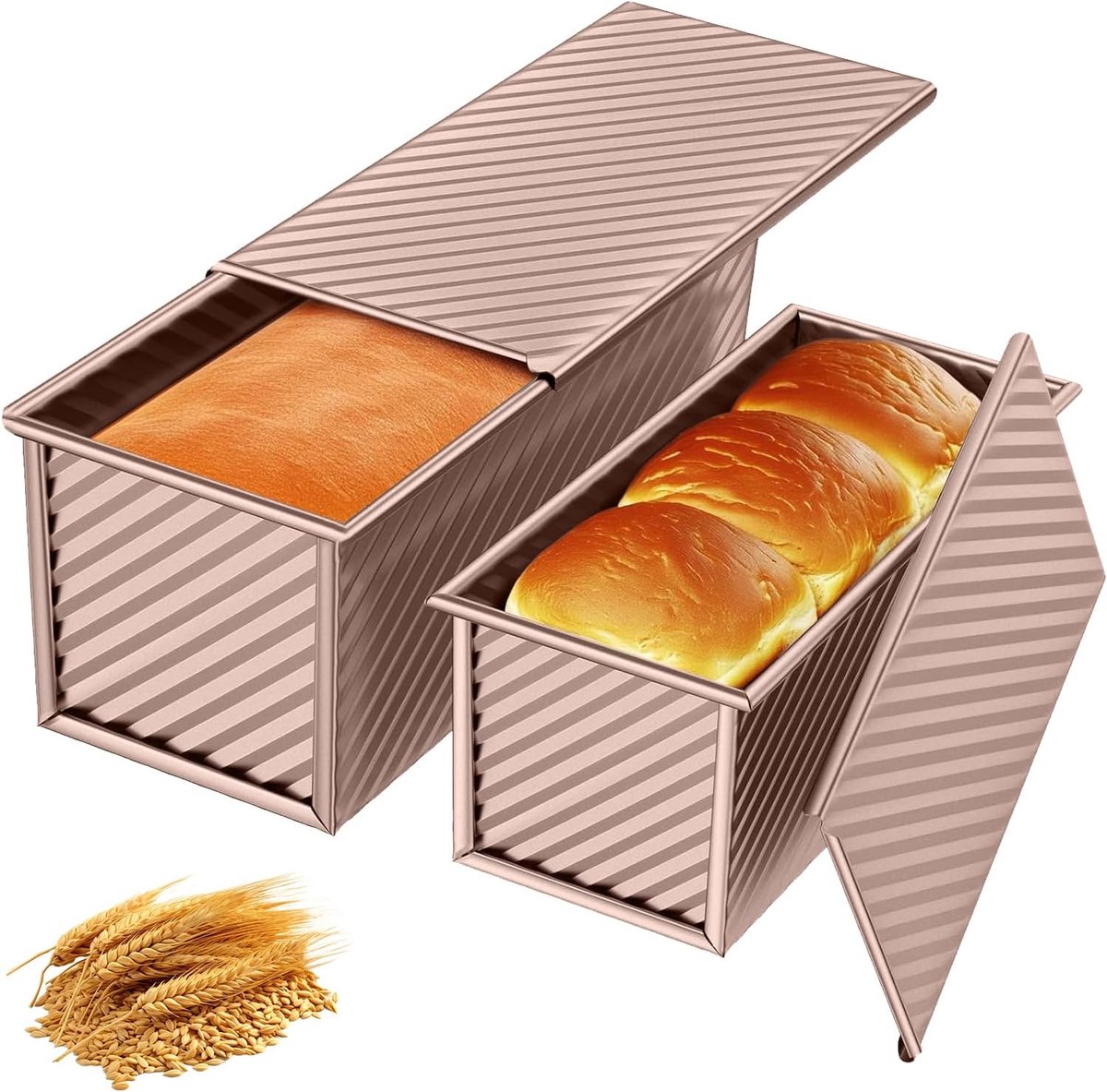 Anti Aanbak Gegolfde Broodvormen Set Met Deksels - Roségoudkleurig Koolstofstaal Hittebestendig Tot 220 °C 2 Maten - Voor Toast Sandwichbrood En Cake - Gemakkelijk Loslaten