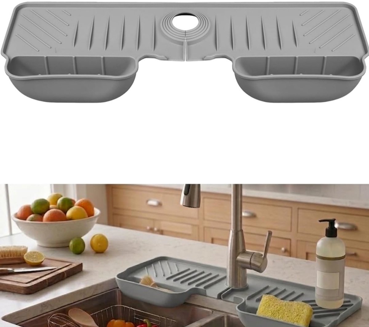 1 stuk – Wastafelmat – Siliconen wastafelmat – Afvoermat – Keukenmat voor kraan – Spatbescherming voor kraan en wastafel – Lekbak – Aanrechtmat – Keukenorganizer – Met sponshouder – Grijs – 45,5 x 16 cm – Geschikt voor keukens en badkamers