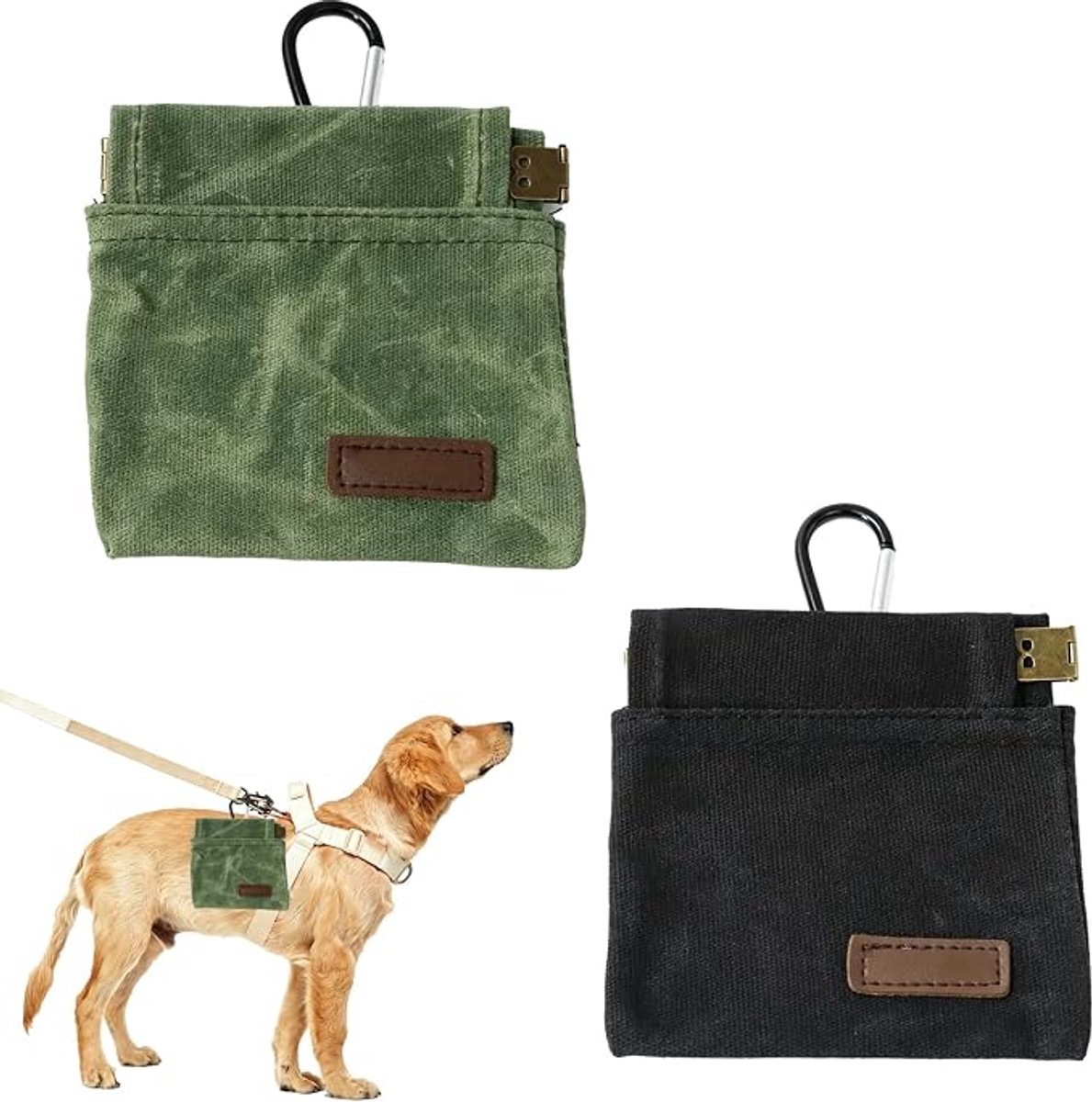KZQ Traktatiezakjes Voor Honden 2 Stuks Groen En Zwart – Handvrij 12x12 Cm Met Karabijnhaak, Trainingszakje Voor Snacks En Wandelen