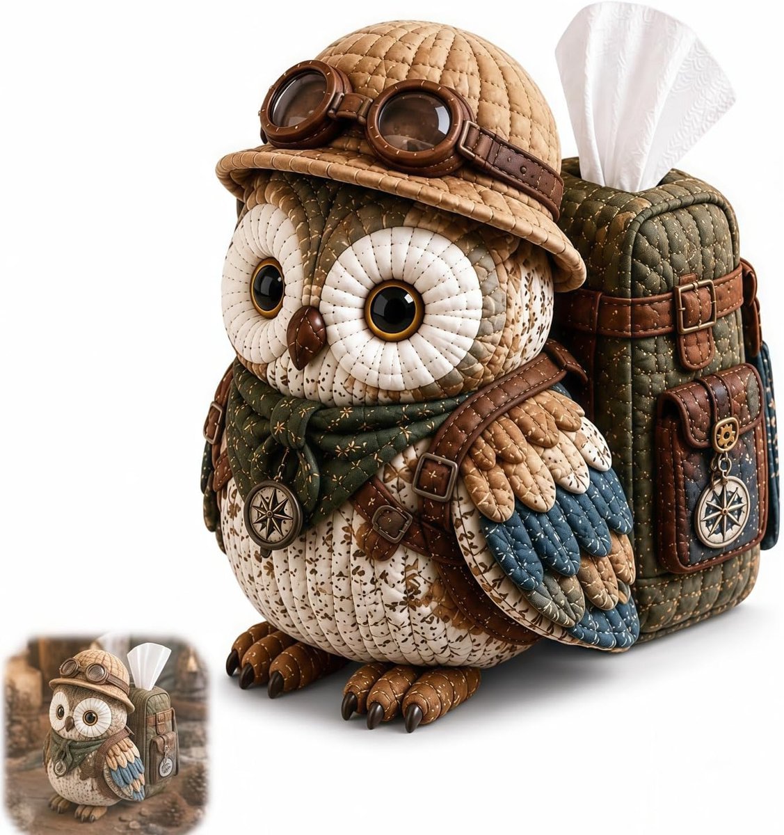 DIY Naaipakket voor Tissuebox met Gequilte Uil Motief |Schattige Patchwork Stoffen Servethouder |Handgemaakt Knutselproject voor Volwassenen | Creatieve Woondecoratie | Uniek Cadeau voor Thuis, Kantoor & Feestdagen（Ontdekkingsreizigeruil）| Cyslmuk®