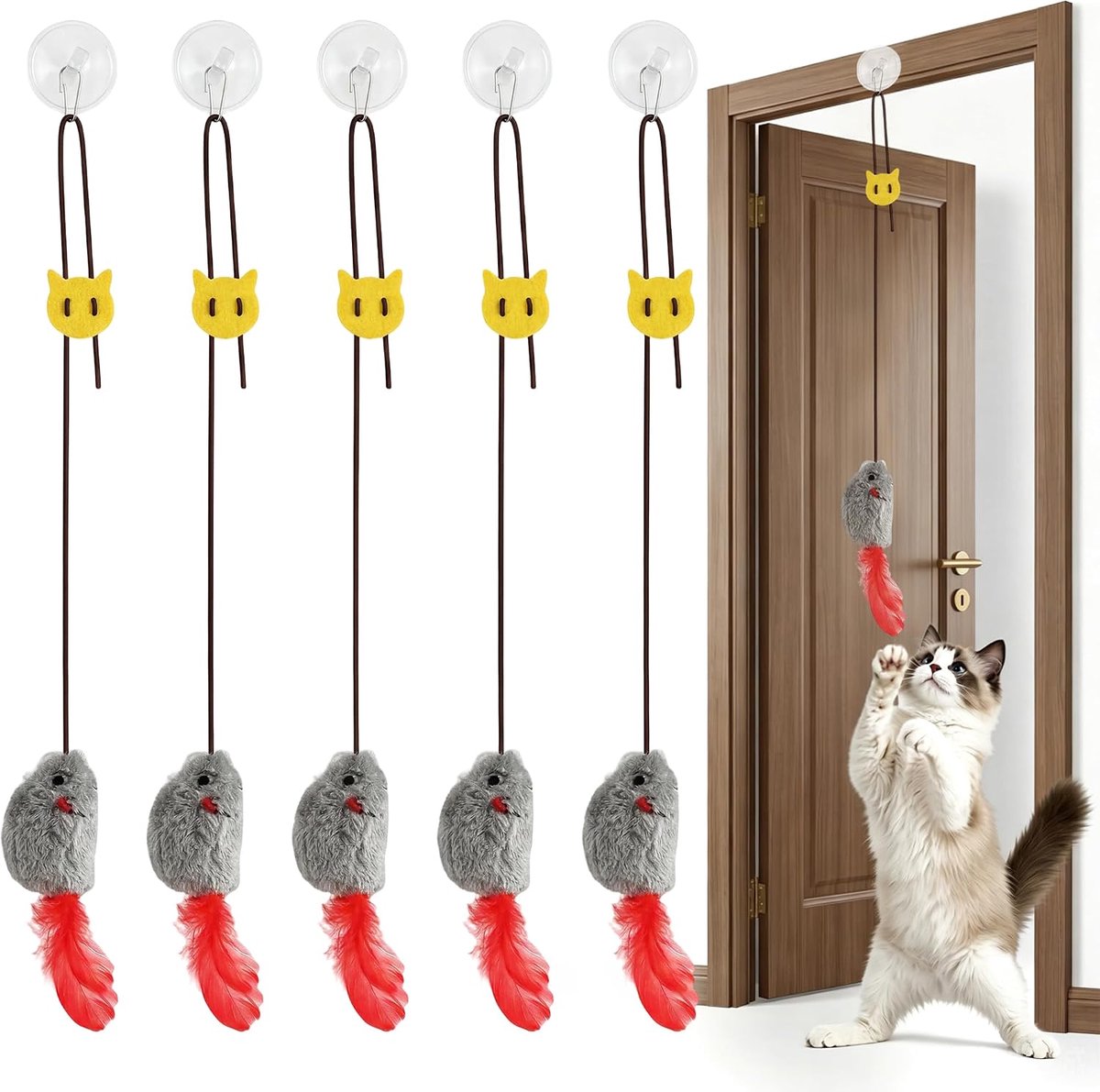 Hangend Kattenspeeltje - 5 Stuks - Katten Speelgoed - Speelmuis met Elastiek, Zuignap & Piepgeluid - Voor Zelfstandig Spelen - Verstelbaar - Grijs & Rood