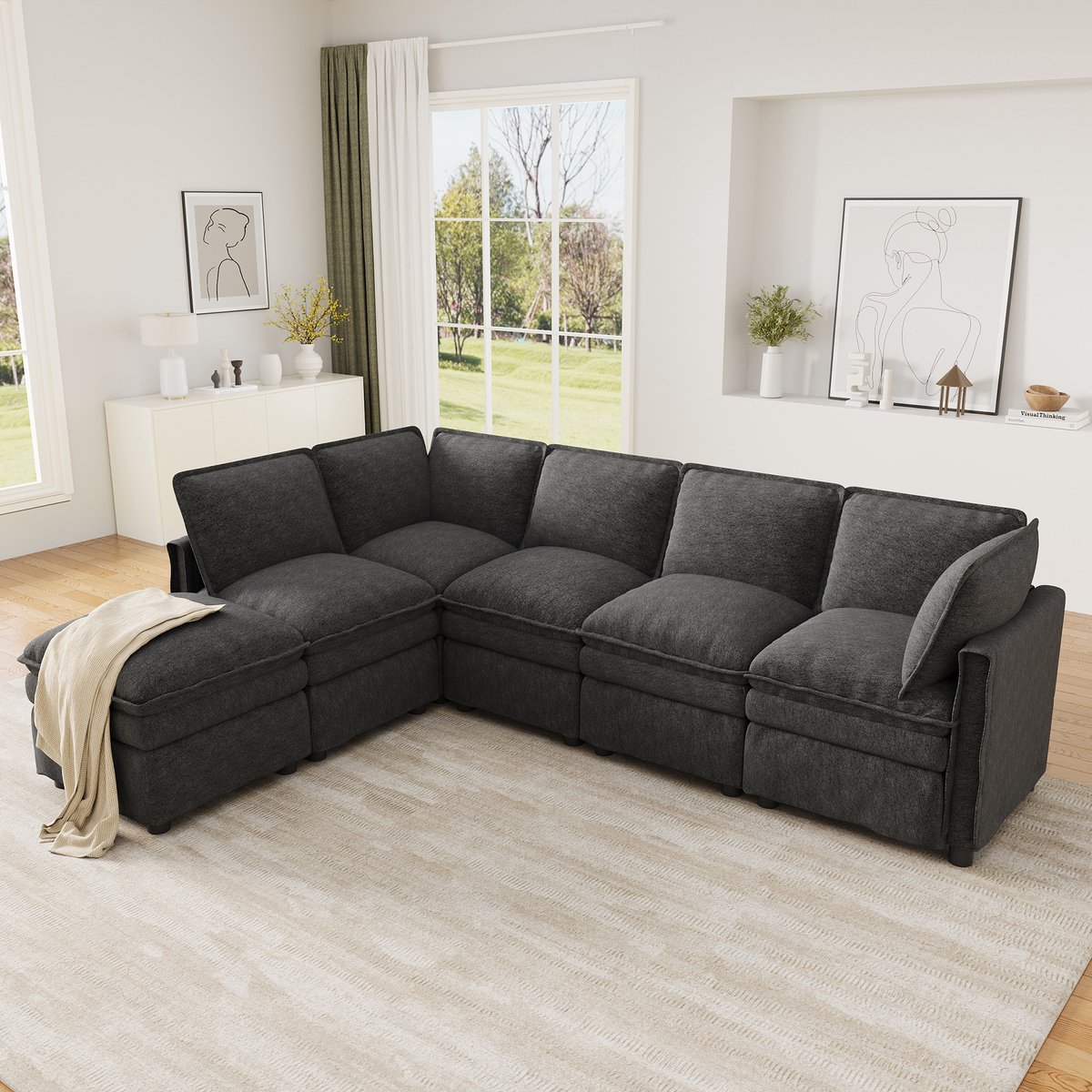MODENUIT Hoekbank 344 x 127 x 91 cm - Modulair Met Slaapfunctie - Woonkamer En Kantoor - Chenille - Grijs