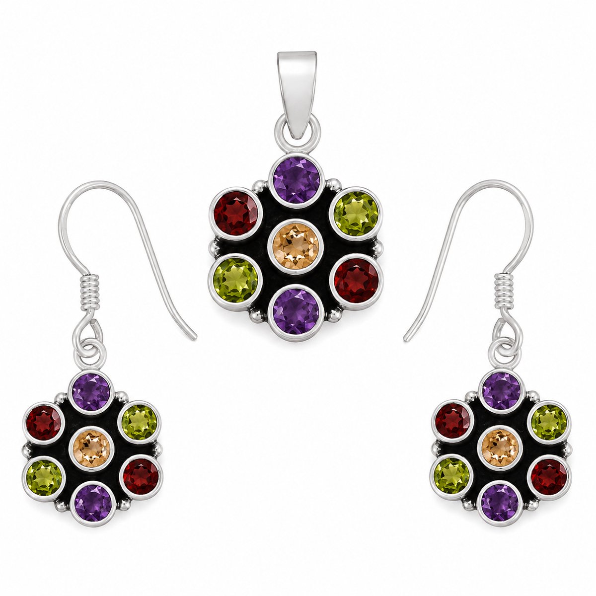 Bloemvormige sieradenset van 925 sterling zilver met amethist, granaat, citrien en peridoot