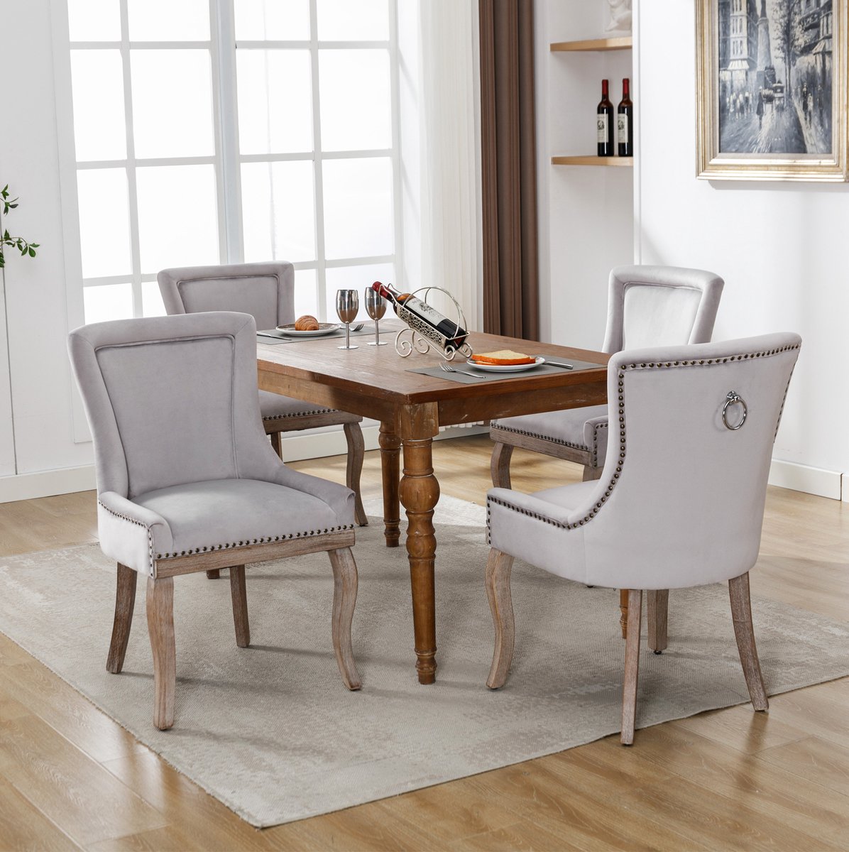 Wishdor Eetkamerstoel set van 4 - Grijs velvet - Armleuningen en gestoffeerd - Houten poten - Klassiek - Eetkamer woonkamer keuken - 55 x 61 x 91 cm