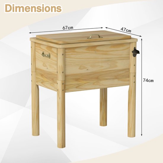 SureDeal® - Koelbox - Houten Terraskoeler Buitenkoeler - Handgrepen - Flesopener Rustieke Ijsemmer - Afvoerplug - 67x47x74 cm - Naturel van suredeal — afbeelding 2