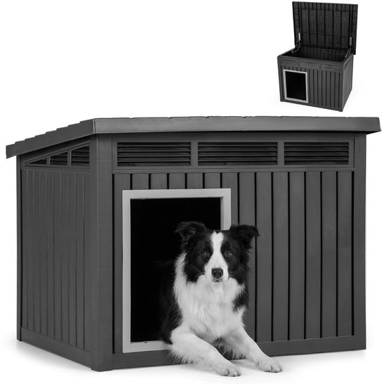 Donkergrijs hondenhok met een bordercollie in de deuropening. Kleinere afbeelding van het hok erbij.