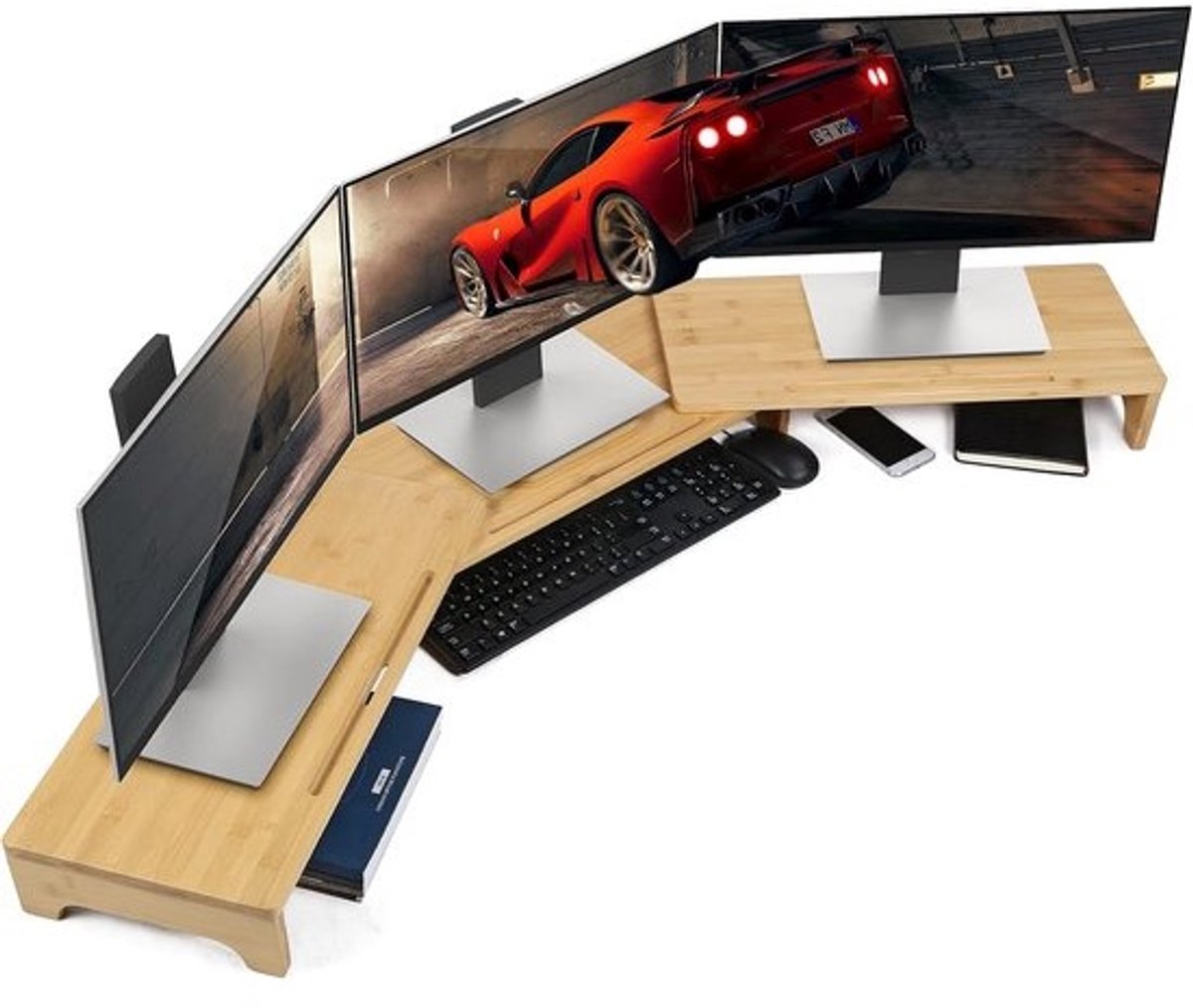 Monitorstandaard Bamboe - Bureau Verhoger - Ergonomisch Werken - Verstelbare Lengte - 3 Planken - Natuurlijk