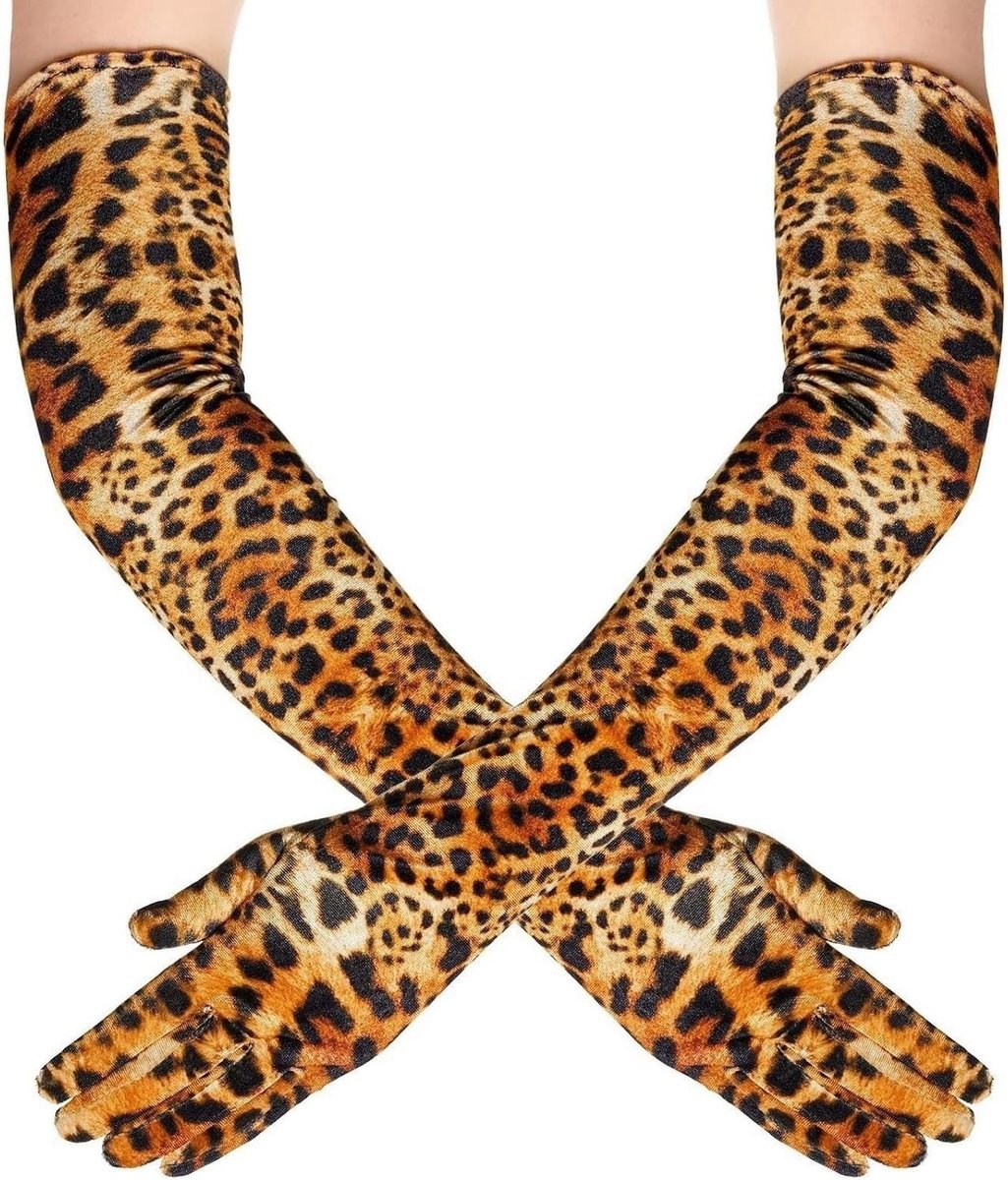 Lange Leopardenhandschoenen van Velvet voor Feest, Halloween en Gemaskerde Evenementen, Bruin, One Size