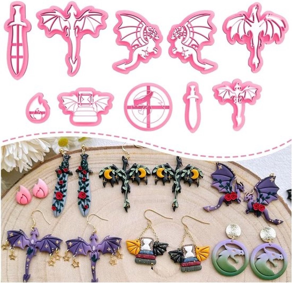 10-delige Drakenvorm Uitsteekvormpjes voor Polymere Klei Sieraden en Oorbellen
