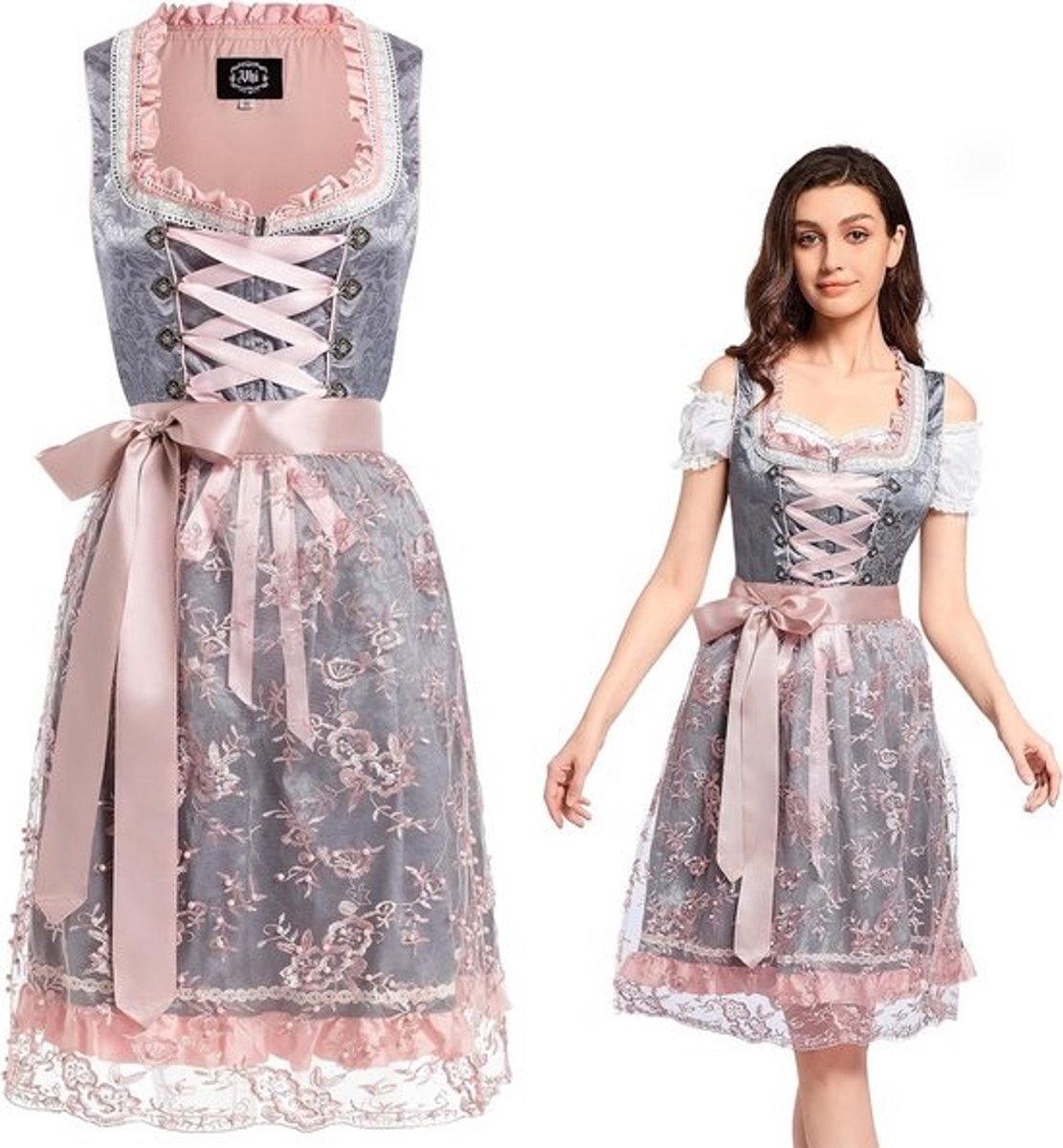 Midi Dirndl Jurk voor Dames met Kant Schort - Traditioneel Beiers Oktoberfest Kleding