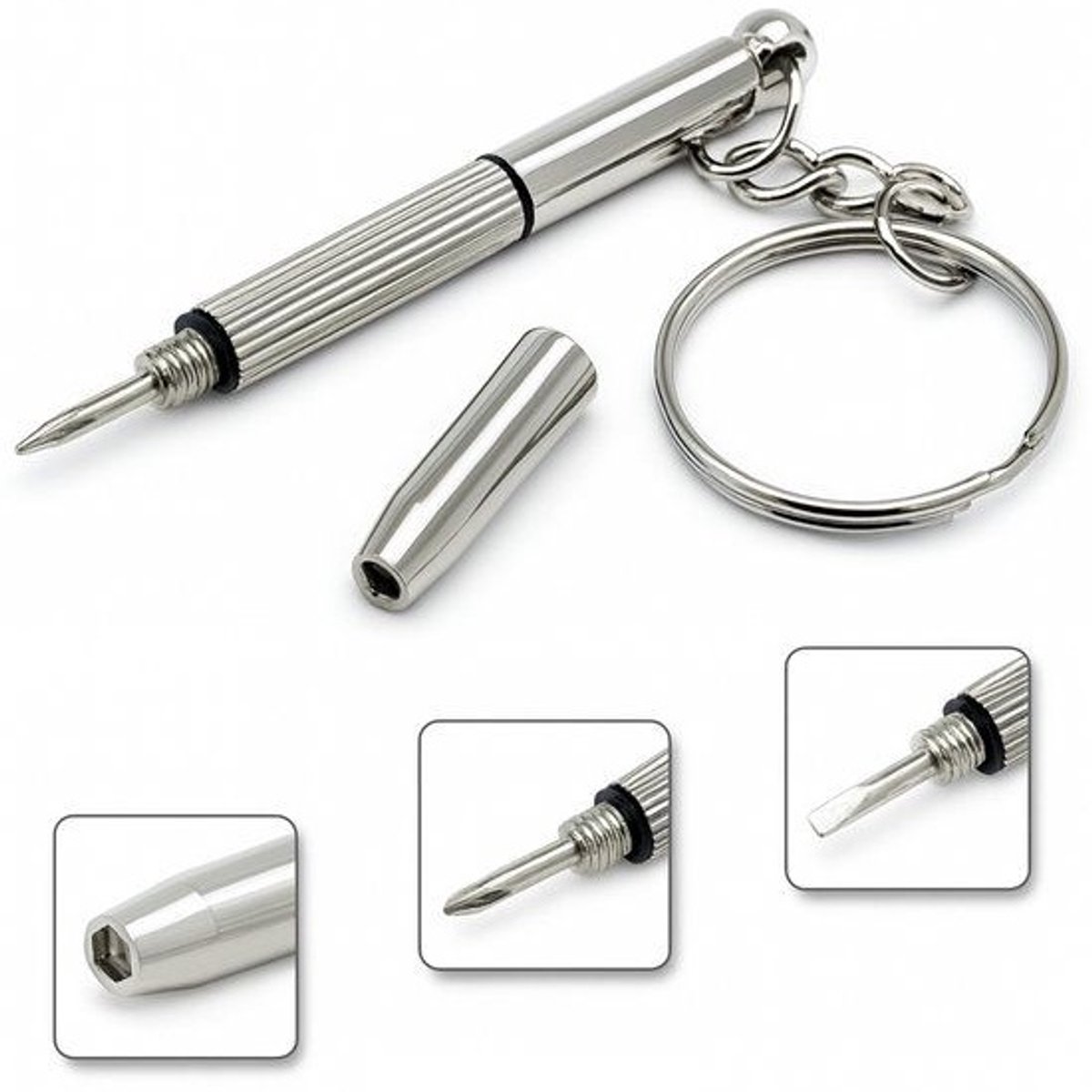 1 stuks‑drie‑in‑een schroevendraaier‑draagbare mini‑schroevendraaier‑reparatietool voor bril, telefoon en horloge‑sleutelhanger tool‑met ketting‑58x8 mm‑zilverkleurig