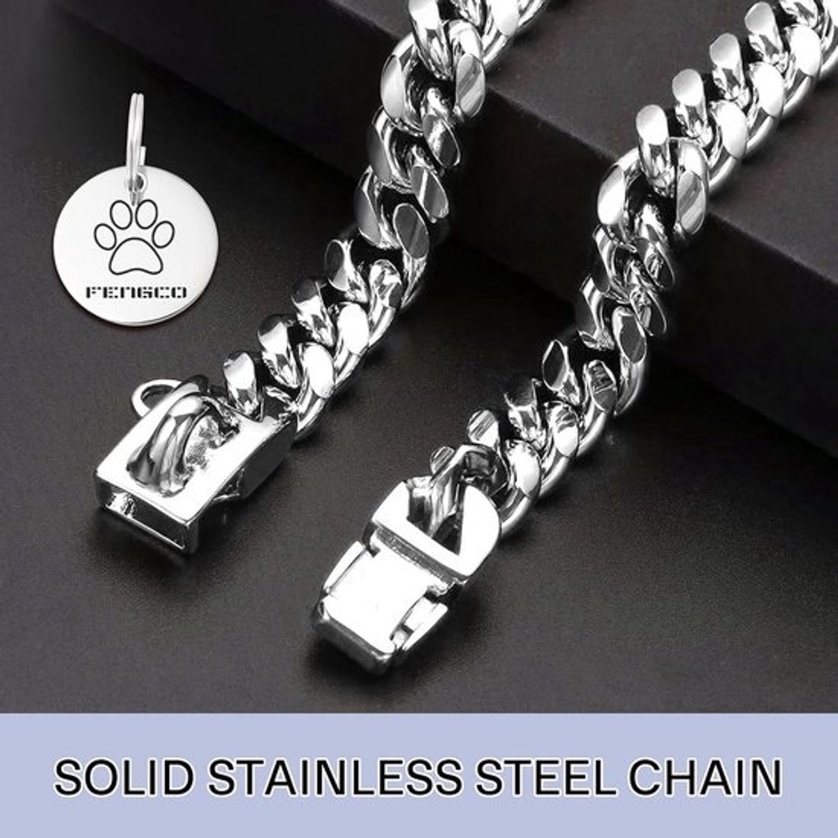 Hondenketting halsband met hondenpenning hangende Cubaanse ketting metalen kraag roestvrij staal huisdier Cubaanse schakels halsbanden voor honden (40,6 cm)