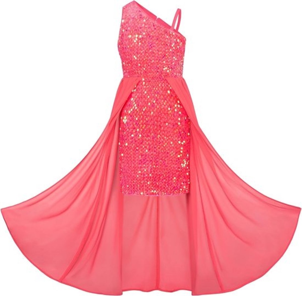 Elegante meisjesjurk met schouderbandjes, chiffon, A-lijn, pailletten, perfect voor feesten