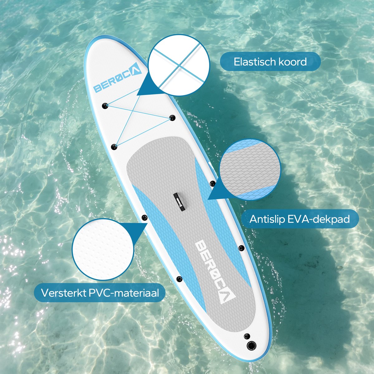 BEROCA SUP Board - met Zitje - Opblaasbaar Paddle Board - Complete Set - 320x81cm - Max. 160 kg- Blauw Wit – foto 2