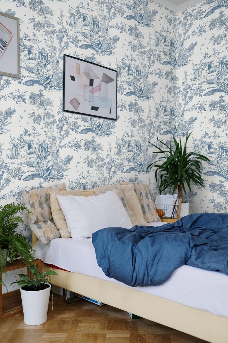 Yomshi Zelfklevend behang, 41 cm x 10 m, blauw en wit, verdikte meubelfolie, zelfklevend, boom en dier, behang - ShopVlot