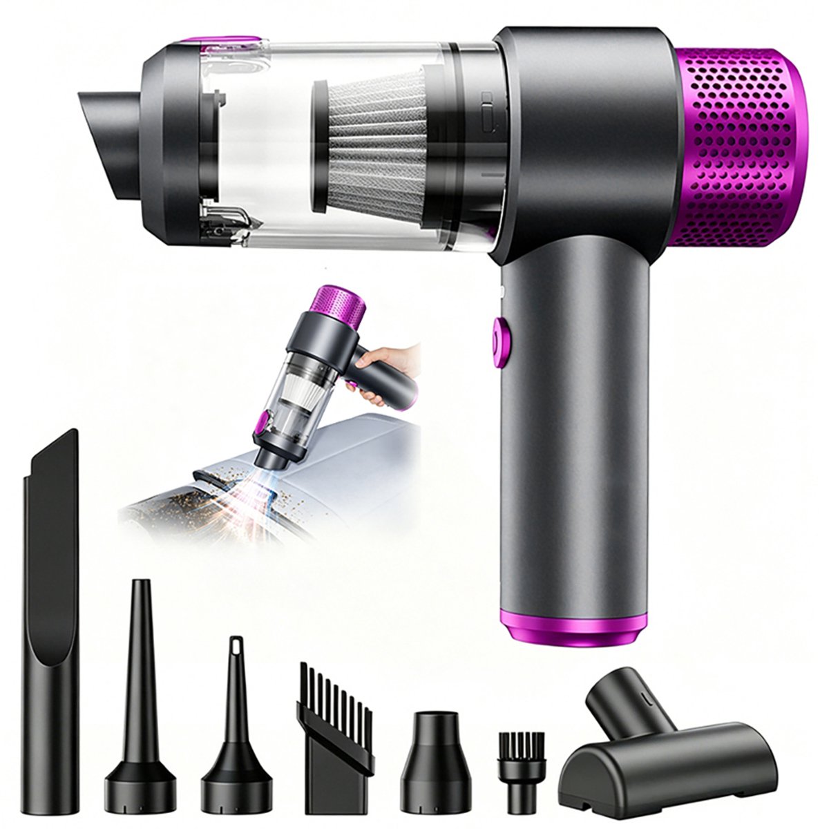 Draadloze handstofzuiger – Autostofzuiger – Handblazer – Mini-huisstofzuiger – Draagbaar – Inclusief 1 filterpatroon – 135W superzuigkracht – USB-interface – 6500PA – Premium grijs + rozerood