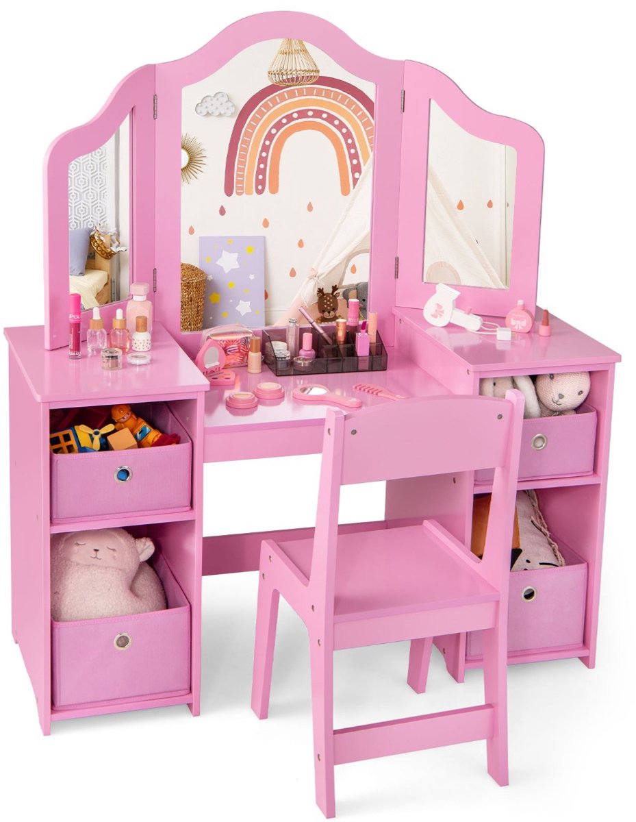 SureDeal® - Kaptafel - Stoel - Kinderen - Afneembare Spiegels Opbergbakken - 104x40x117 cm - Roze