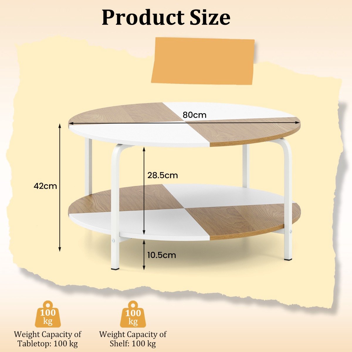 SureDeal® - Bijzettafel - Ronde Salontafel Salontafel - Niveaus - Opbergplank Theetafel Hout - Metalen - 80x80x42 cm - Wit & Naturel