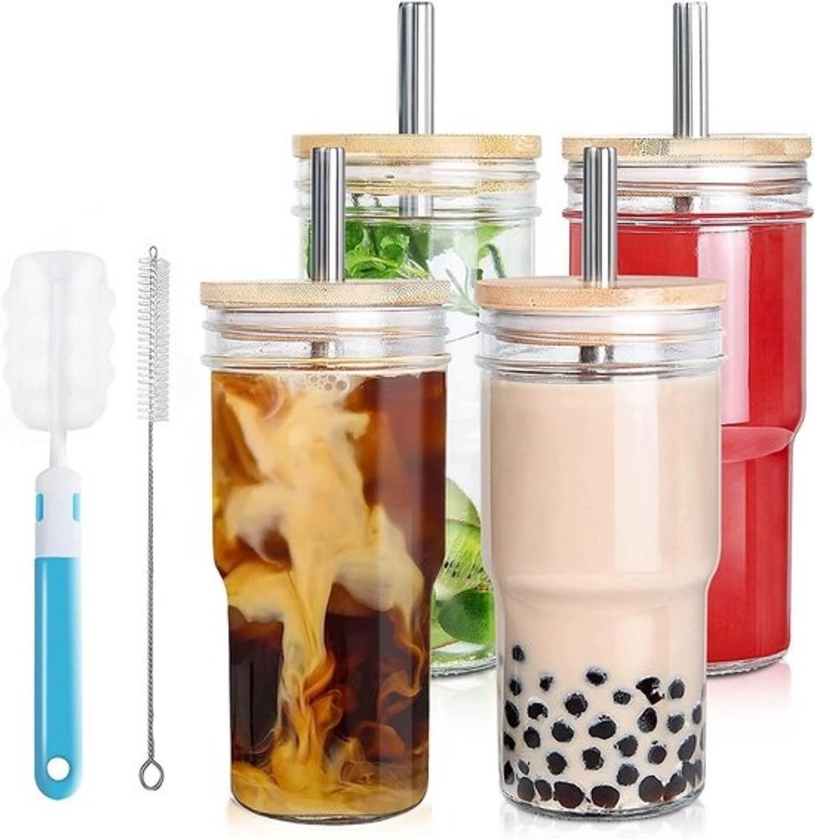 Glazen bekers met bamboe deksels en rietjes - 4-delige set voor cocktails, whisky en ijskoffie - ideaal als cadeau