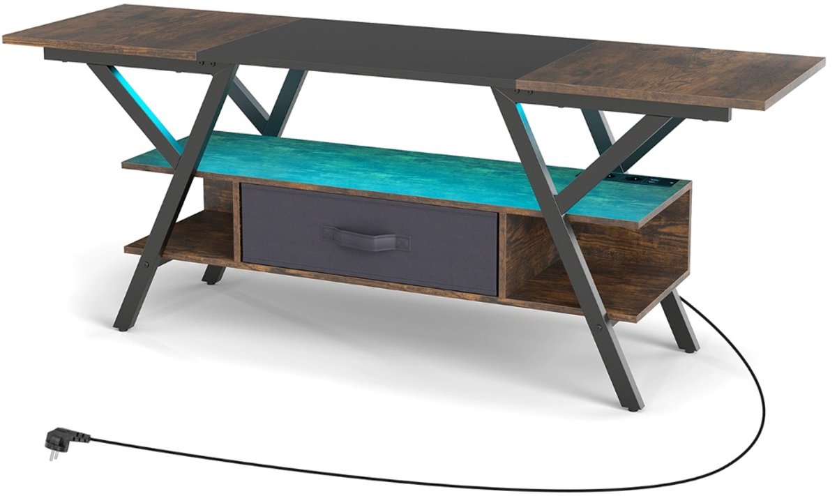 SureDeal® - TV‑standaard 65″ - 3‑niveaus Entertainment‑centrum met LED‑verlichting - Rustiek Bruin / Zwart - 140x40x54 cm