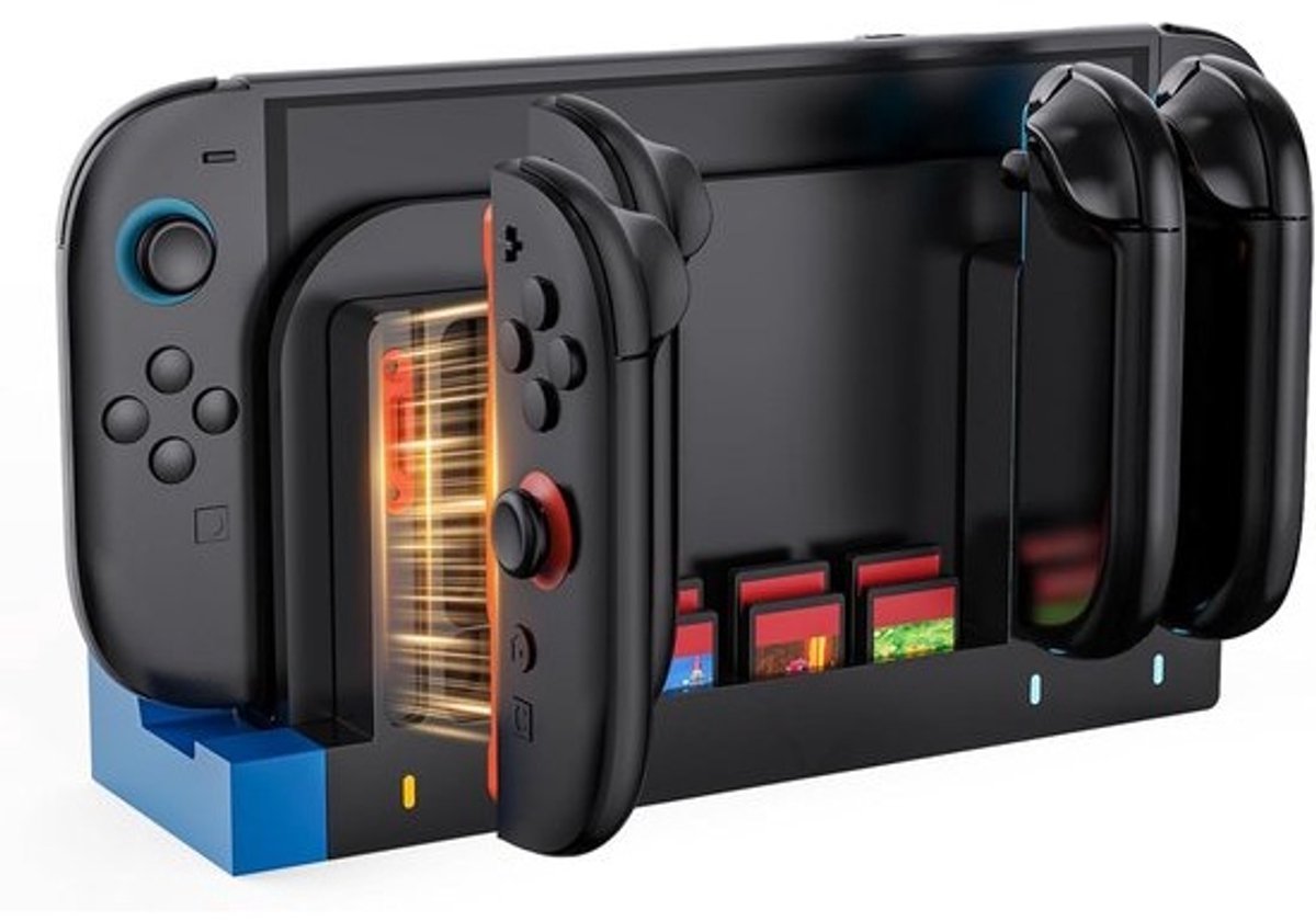 Laadstation voor 2 Switch JoyCon Controllers met Laadindicator en Opbergruimte voor 6 Gamecards