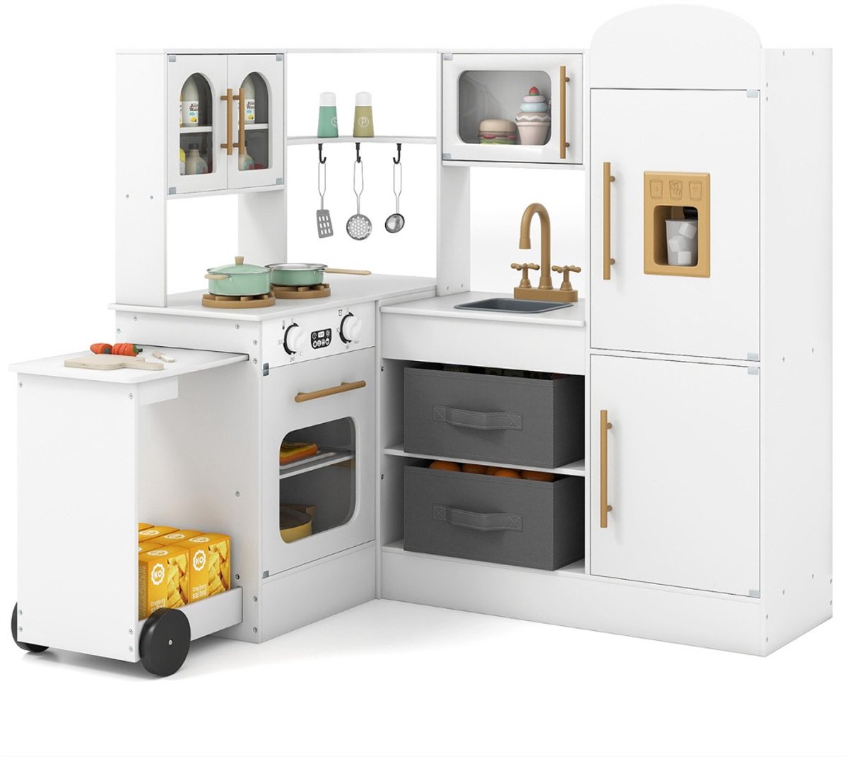 SureDeal® - Rollenspell - Houten Hoekkeuken Speelgoedset - Licht - Geluidseffecten - 100x75,5x92 cm - Wit