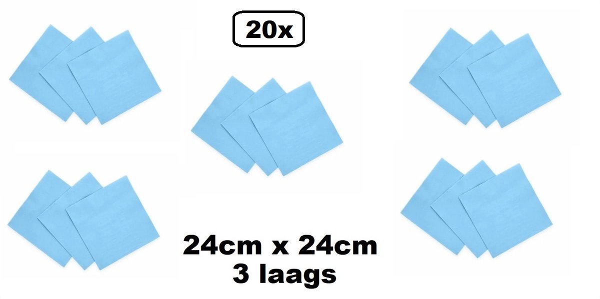 20 stuks Servetten lichtblauw 24cm x 24cm - 3 laags - Party Cocktail servet diner eten knoeien restaurant BBQ thema feest verjaardag feest