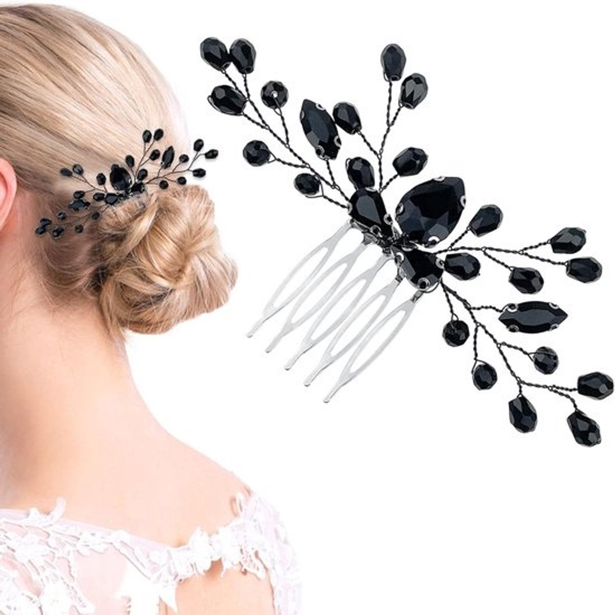 Elegante Zwarte Strass Haaraccessoire - Vintage Bruidshaar Kam met Onyx Druppel