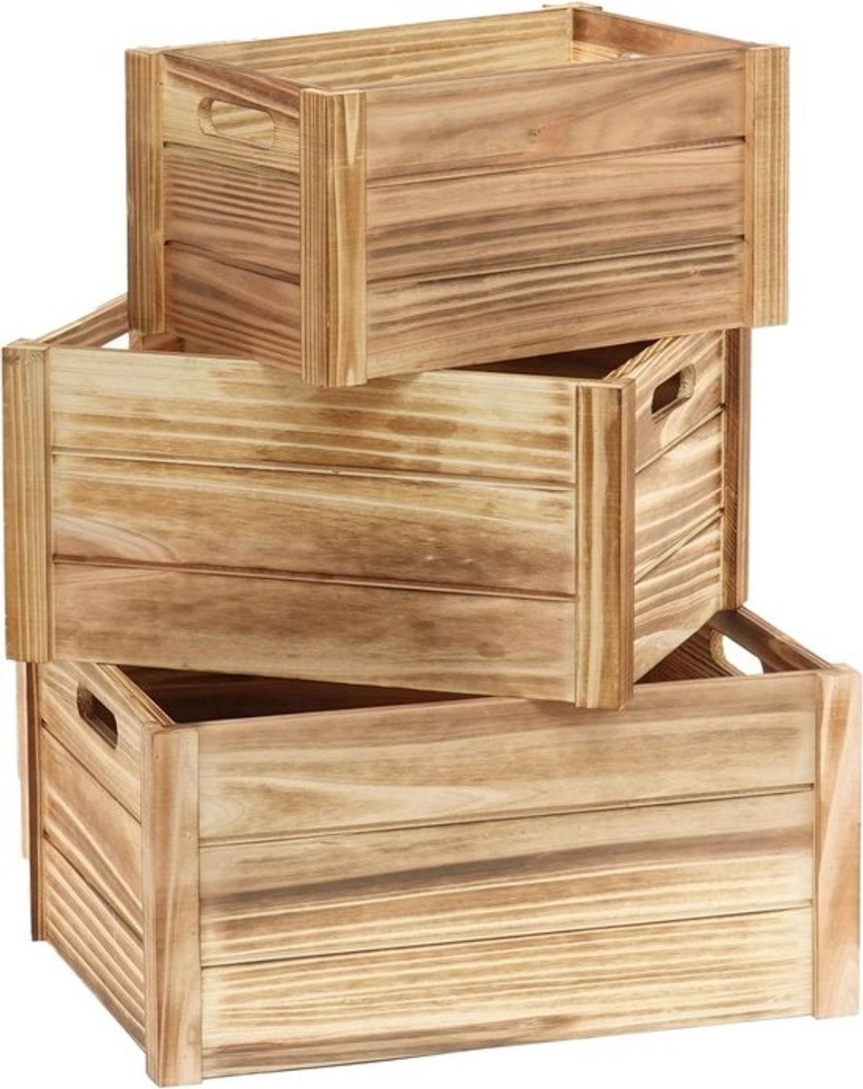 Set van 3 Houten Opbergkratten Natuurlijk Hout | Diverse Maten | Rustieke Decoratie & Opslag