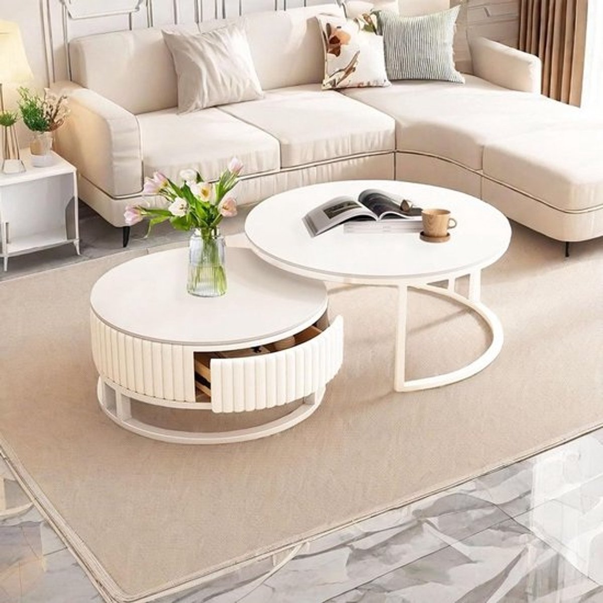 Set van 2 Ronde Nesting Salontafels – Moderne Bijzettafels met Stille Schuifladen en Metalen Poten
