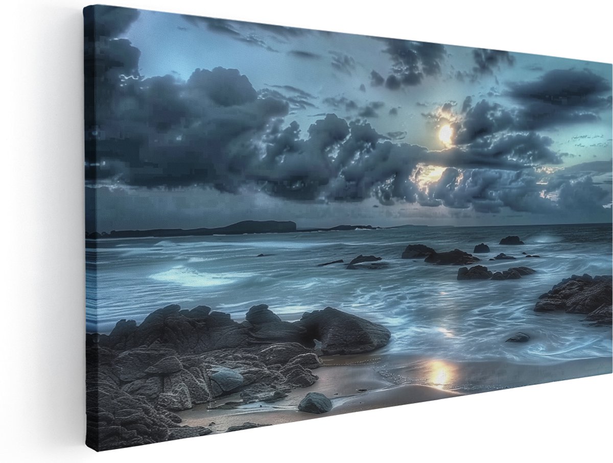 Artaza Canvas Schilderij Stormachtige Lucht boven een Rotsachtig Strand - 160x80 cm - Groot - Klein - Wanddecoratie Woonkamer - Schilderijen - Muurdecoratie