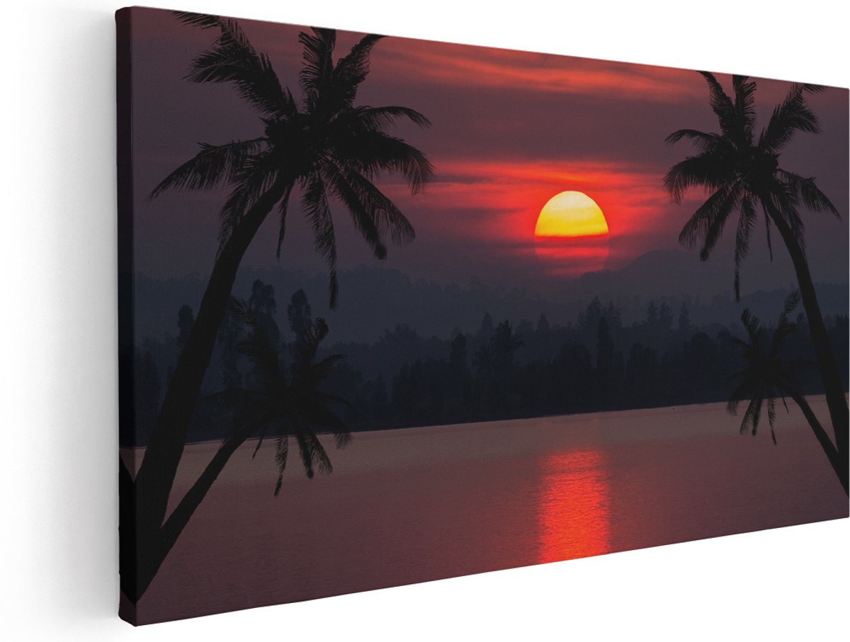 Artaza Canvas Schilderij Zonsondergang Op Het Strand Met Palmbomen - 160x80 cm - Groot - Wanddecoratie Woonkamer - Schilderijen - Muurdecoratie