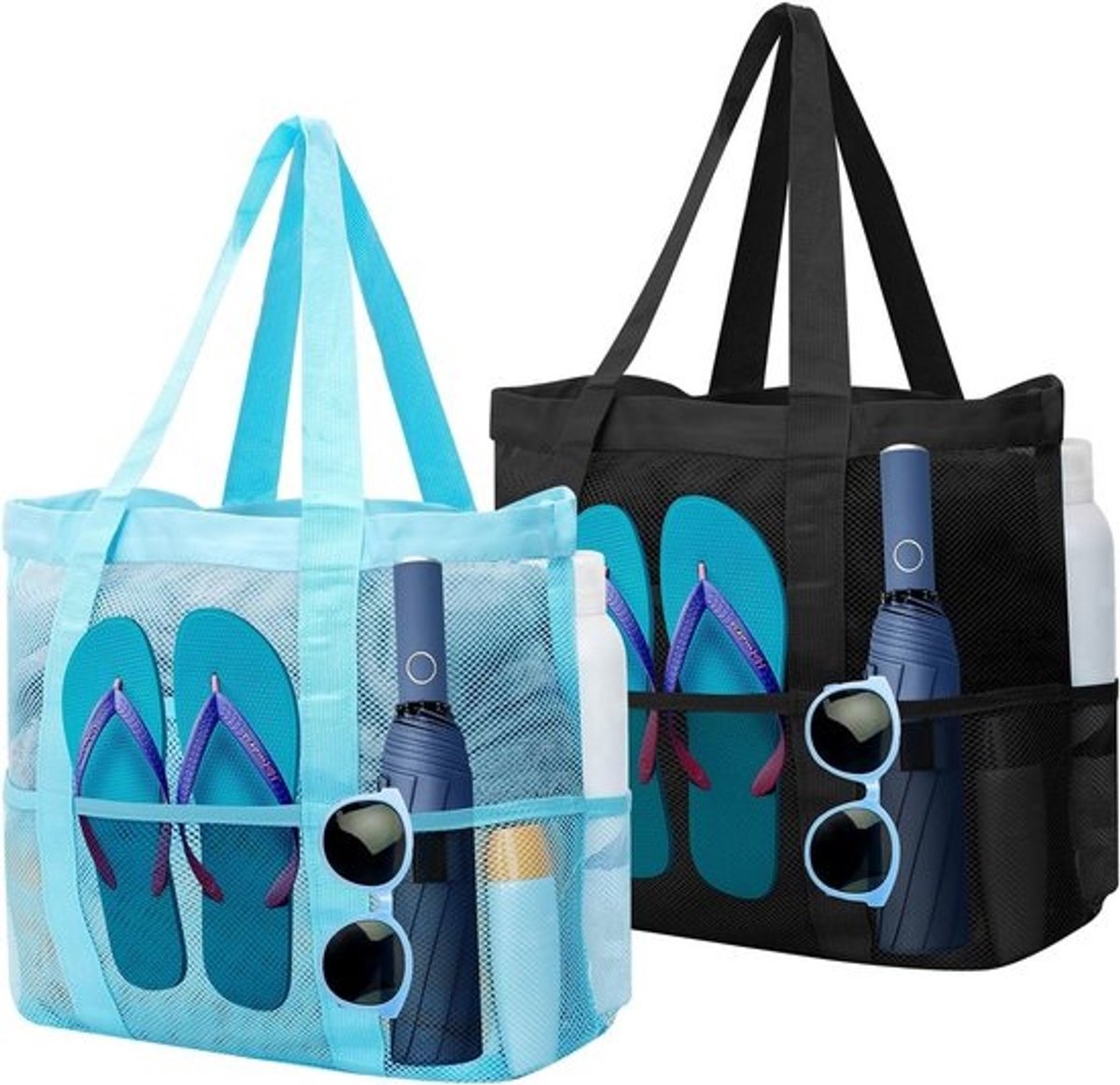 2 Stuks Grote Strandtas Dames met Ritssluiting en 8 Vakken - Duurzame Hersluitbare Shopper voor Strand & Boodschappen