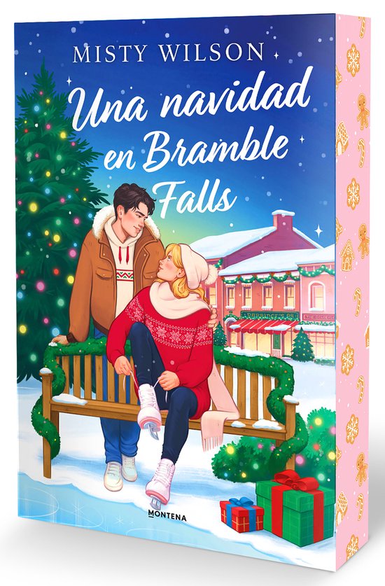 Een koppel op schaatsen op een met sneeuw bedekte bank, met een kerstboom en cadeaus. Titel: Una navidad en Bramble Falls.