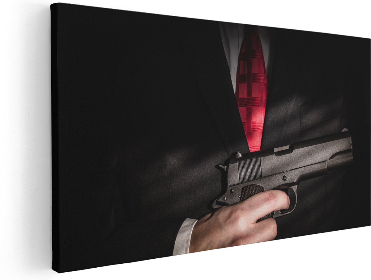 Artaza Canvas Schilderij Man Van De Maffia Met Een Pistool Vast - 140x70 cm - Groot - Wanddecoratie Woonkamer - Schilderijen - Muurdecoratie