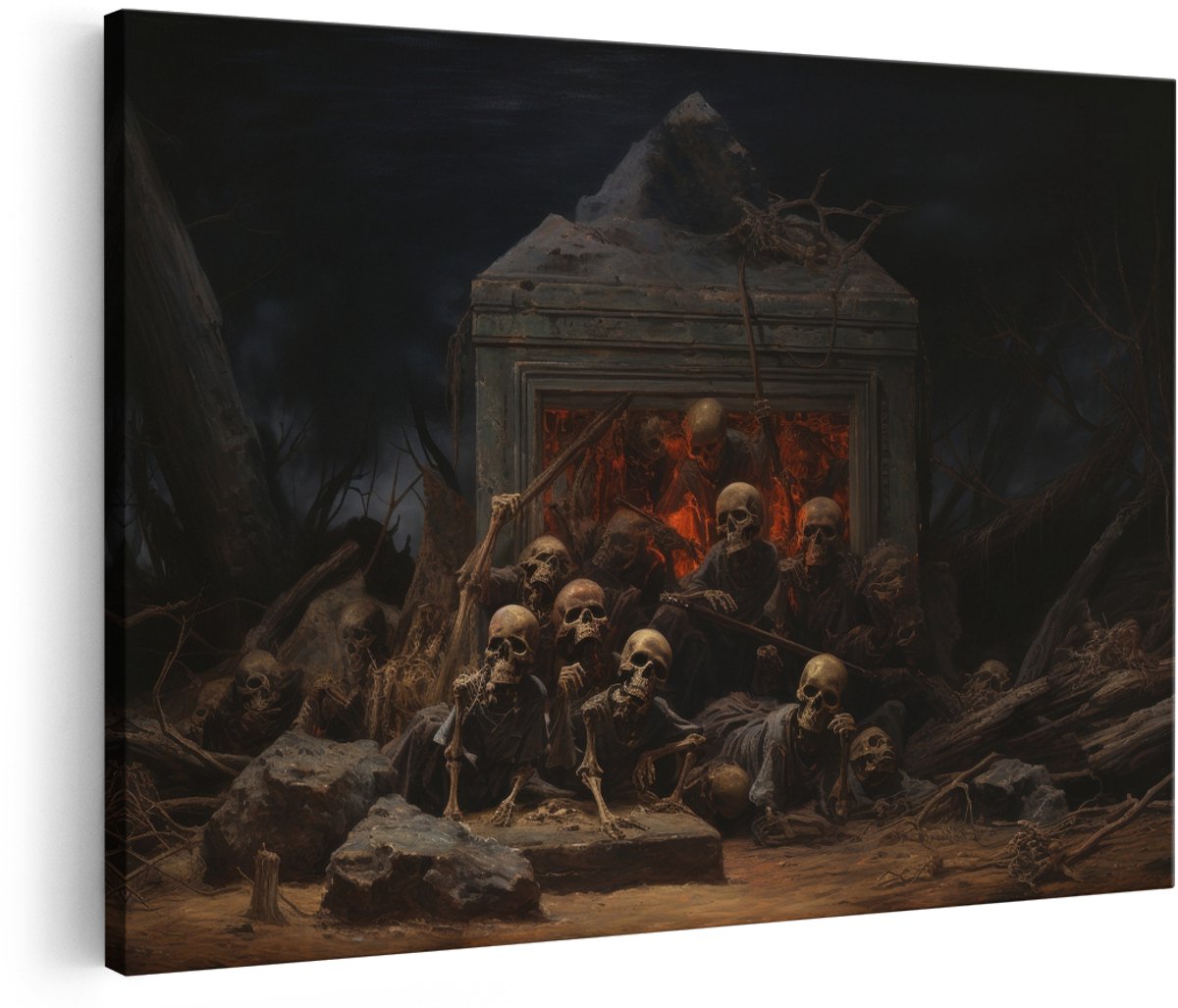 Artaza Canvas Schilderij Skeletten - 150x100 cm - Groot - Wanddecoratie Schedel - Muurdecoratie Graf - Decoratie Donker Vuur - Schilderijen Op Canvas