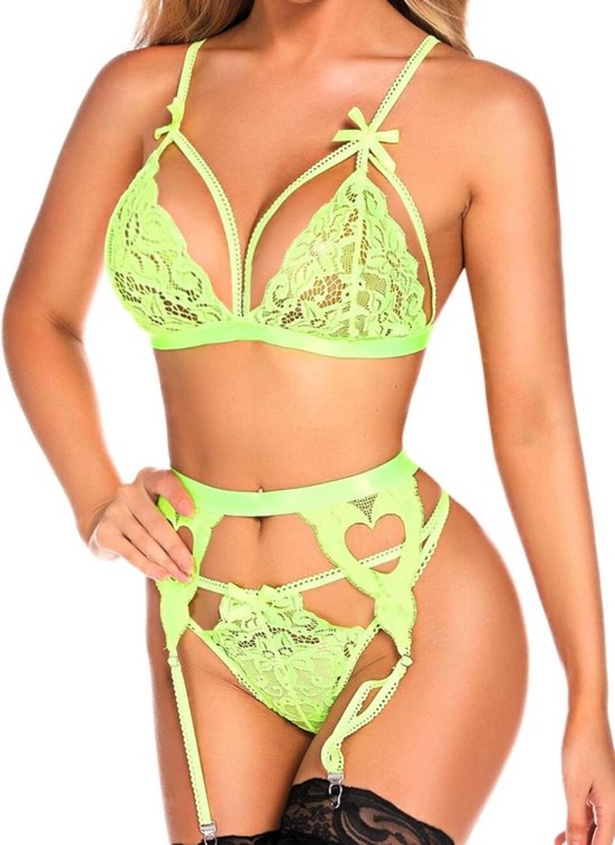 Set van 3-delige kanten lingerie met jarretelgordel - Sexy Beha en Slip voor Dames
