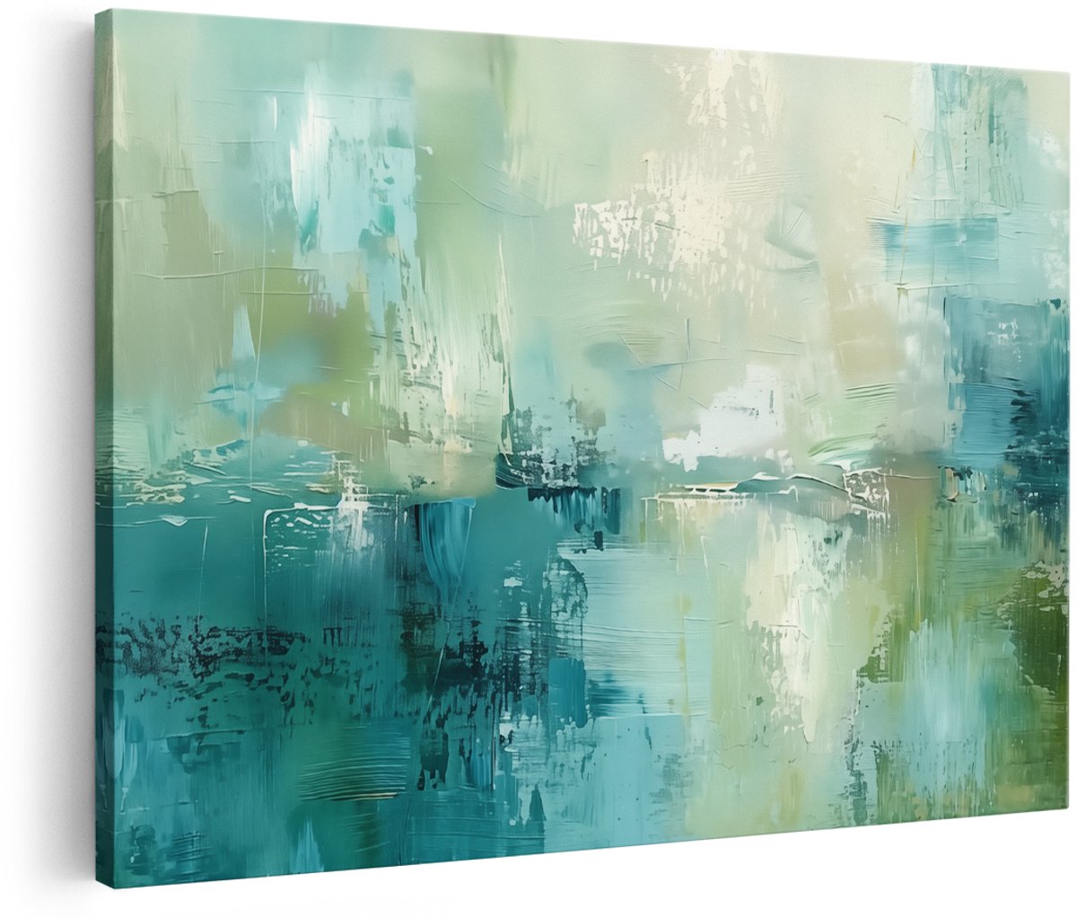Artaza Canvas Schilderij Abstract Kunstwerk van Groen, Blauw en Wit - 150x100 cm - Groot - Wanddecoratie Woonkamer - Schilderijen - Muurdecoratie