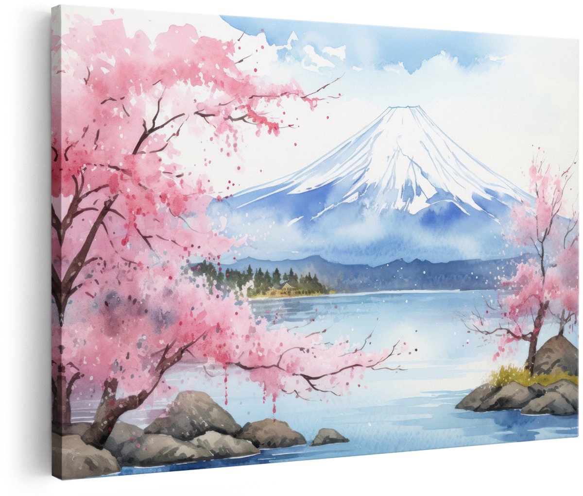 Artaza Canvas Schilderij Mount Fuji - 150x100 cm - Groot - Wanddecoratie Japandi - Muurdecoratie Kersenbloesem - Decoratie Landschap Schilderij