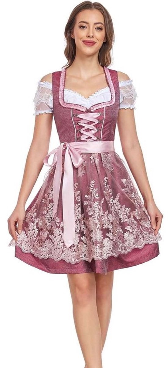 Midi Dirndl voor Dames - Wijnrood, 3-delig voor Oktoberfest en Feestelijke Gelegenheden