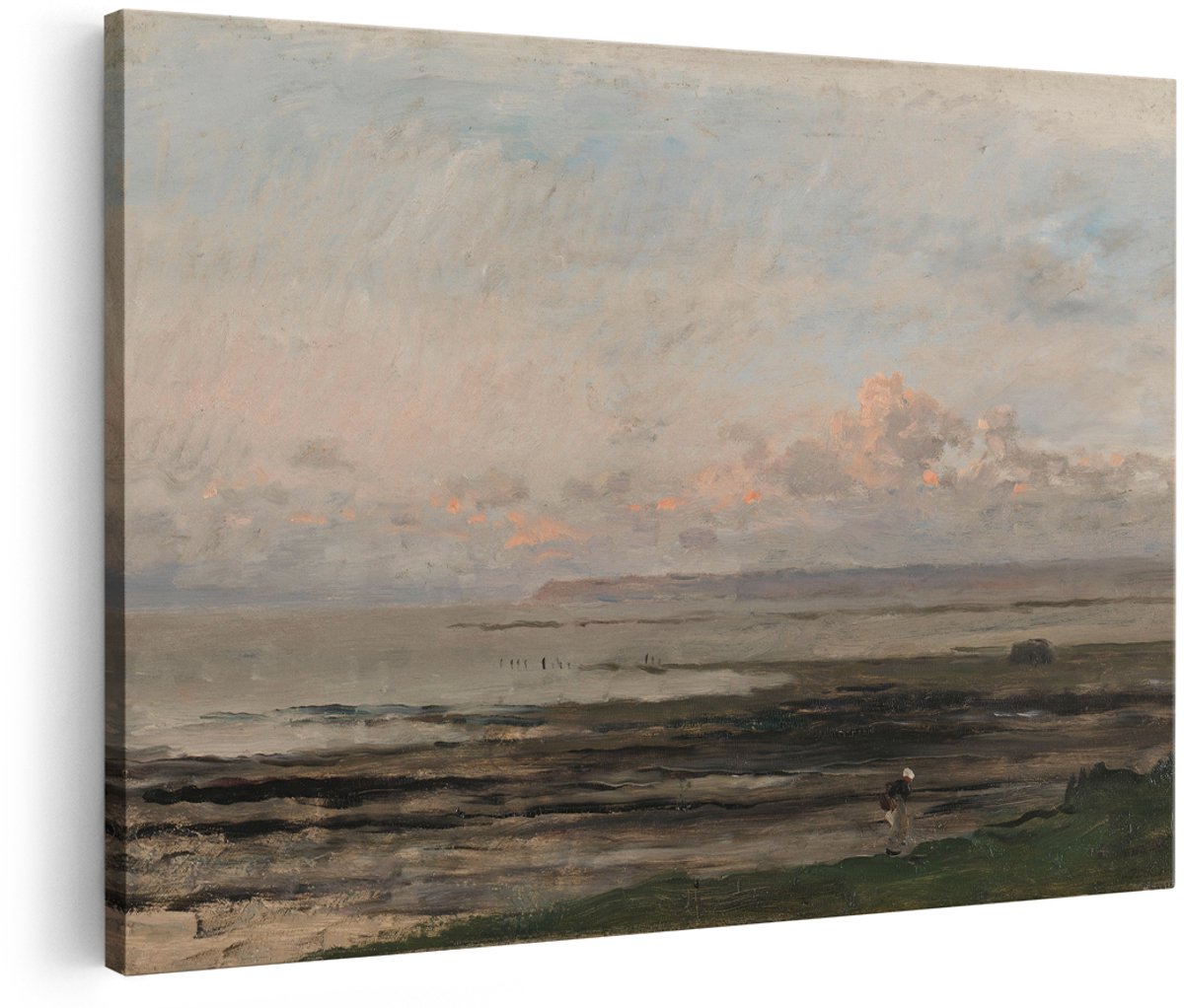 Artaza Canvas Schilderij Strand bij Eb - Charles-Francois Daubigny - 150x100 cm - Groot - Kunst - Wanddecoratie Woonkamer