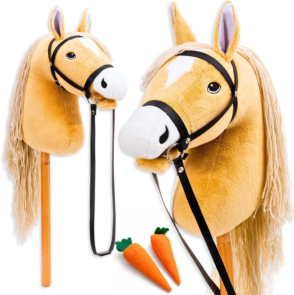 Stokpaard met Trens - Hobby Paard - Kinderspel & Beweging - Afschroefbare Stok - A3 Groot - Beige Haflinger