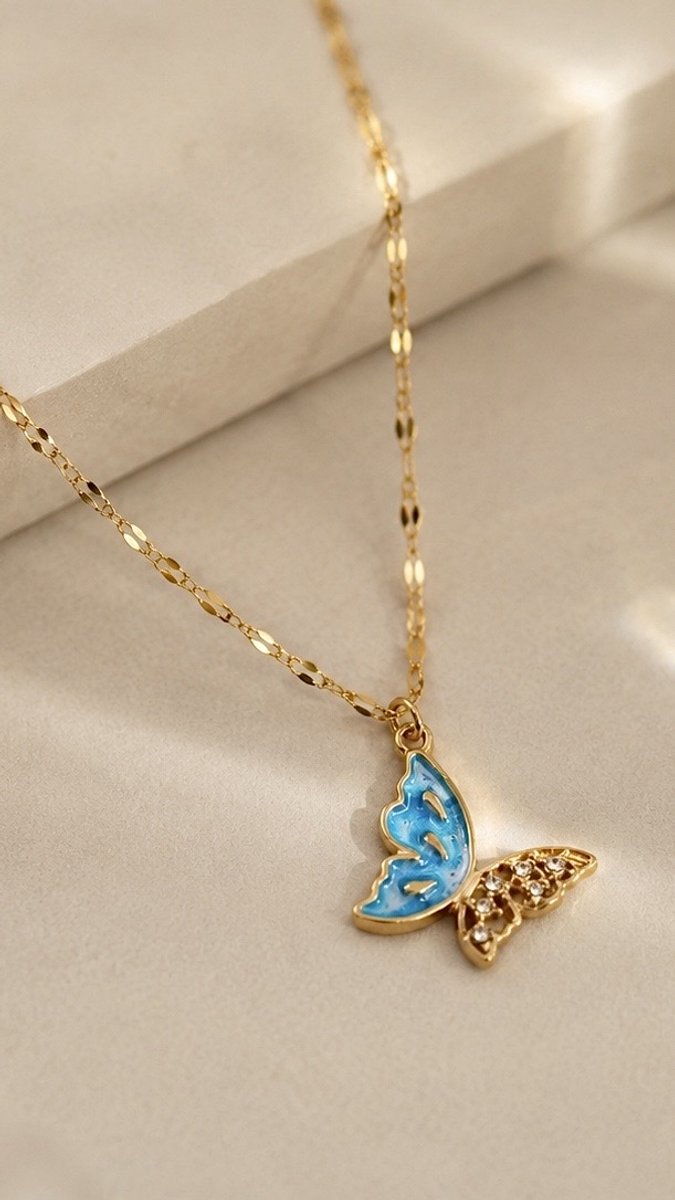 Anelplus Dames Ketting met Vlinder Hanger – Goudkleurig & Blauw – Elegante Halsketting – Sieraad voor Dames – Cadeau voor Haar
