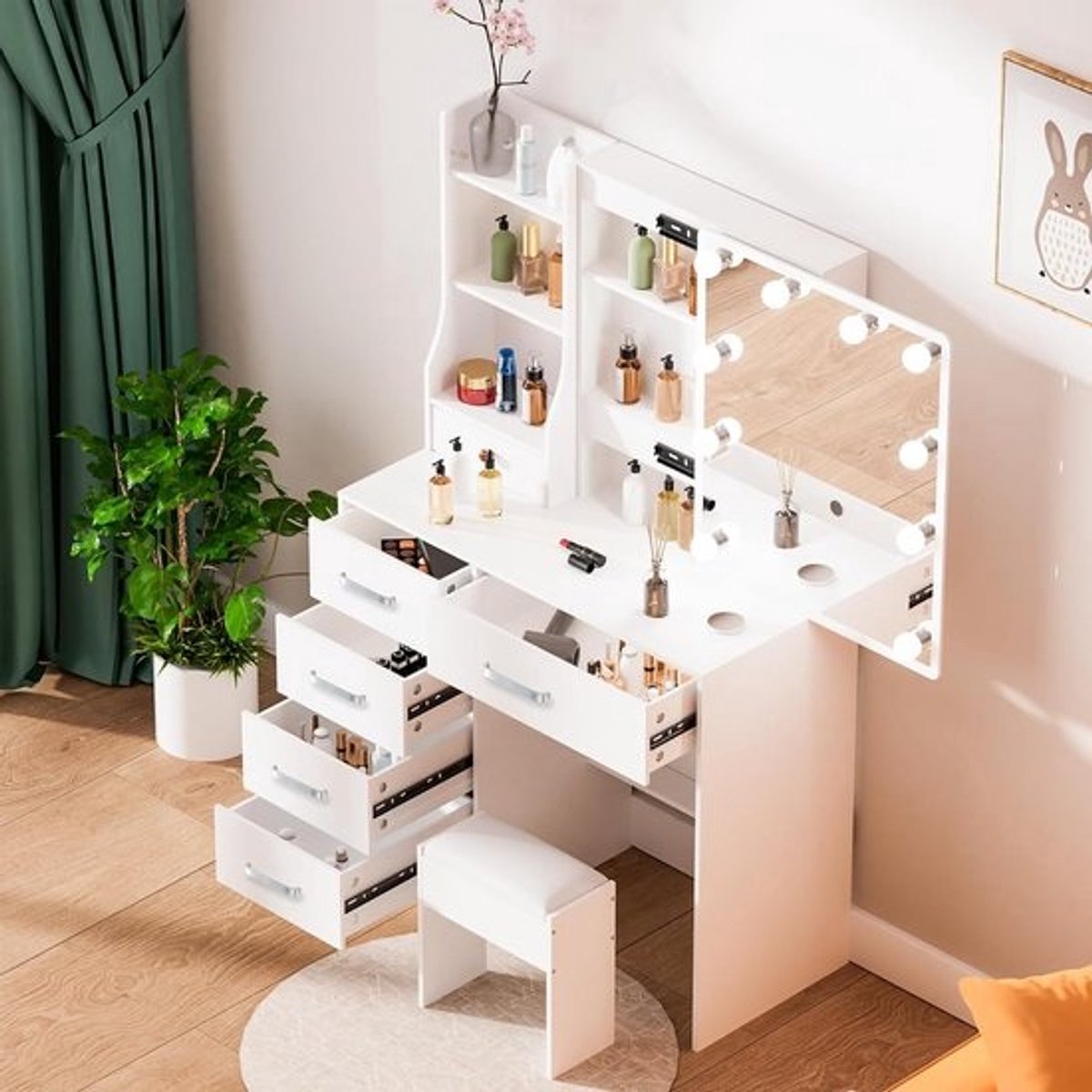Kaptafel met LED-verlichting en Instelbare Helderheid - Cosmeticatafel met Spiegel, Kruk en 6 Laden
