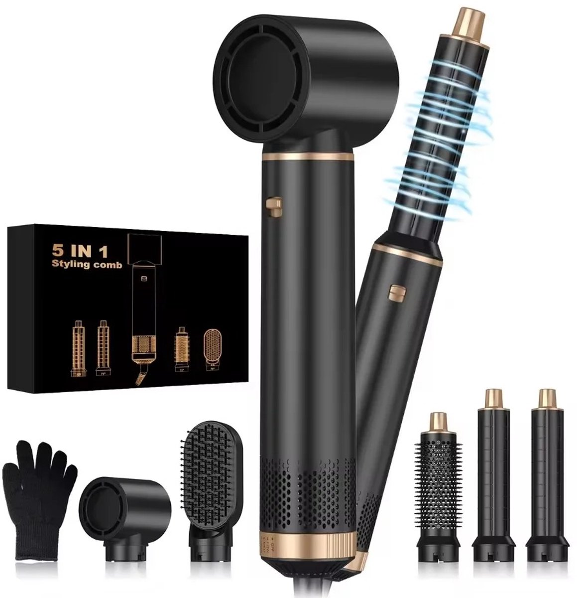 Damenzo - Haardroger met borstel - Haardroger set - Haarstyler - Haarstyler 5 in 1 - Krultang - Stijltang - Haardroger - Zwart