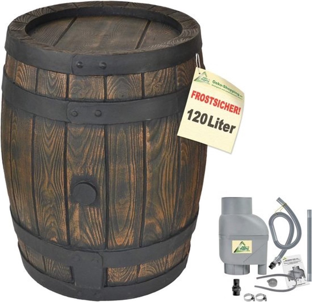 Duurzame Regenton 120 Liter in Houtlook inclusief Vul- en Afvoerset
