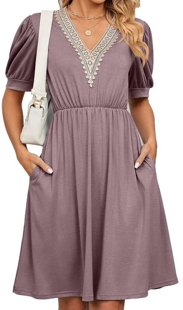 Elegante Plus Size Damesjurk Zomer Casual V-hals Met Zakken