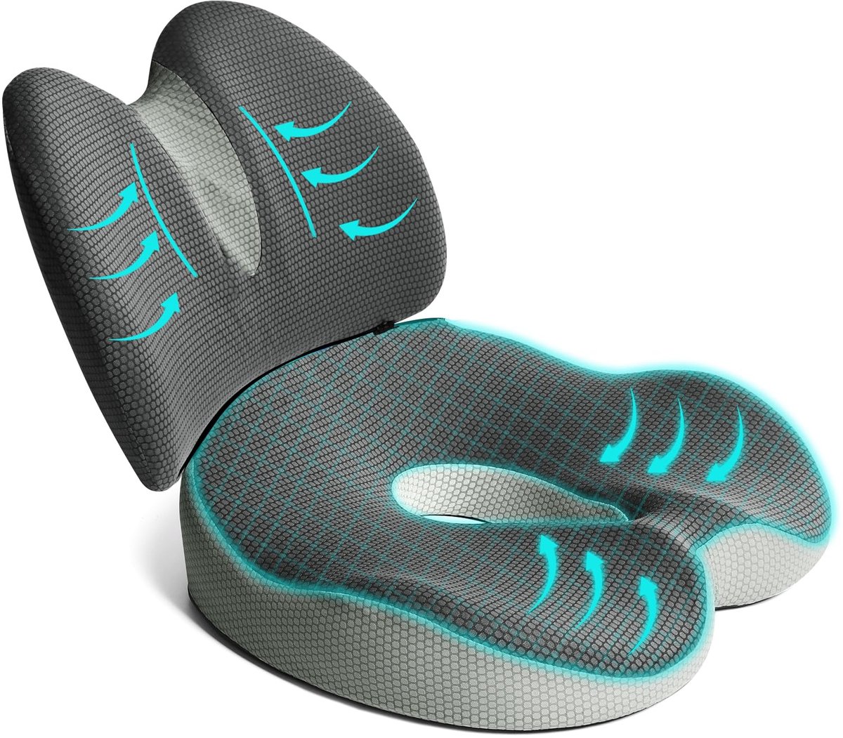 2-in-1 Zitkussen en Lendenkussen Set - Ergonomisch Traagschuim - Voor Bureaustoel, Autostoel, Rolstoel, Kantoor, Auto