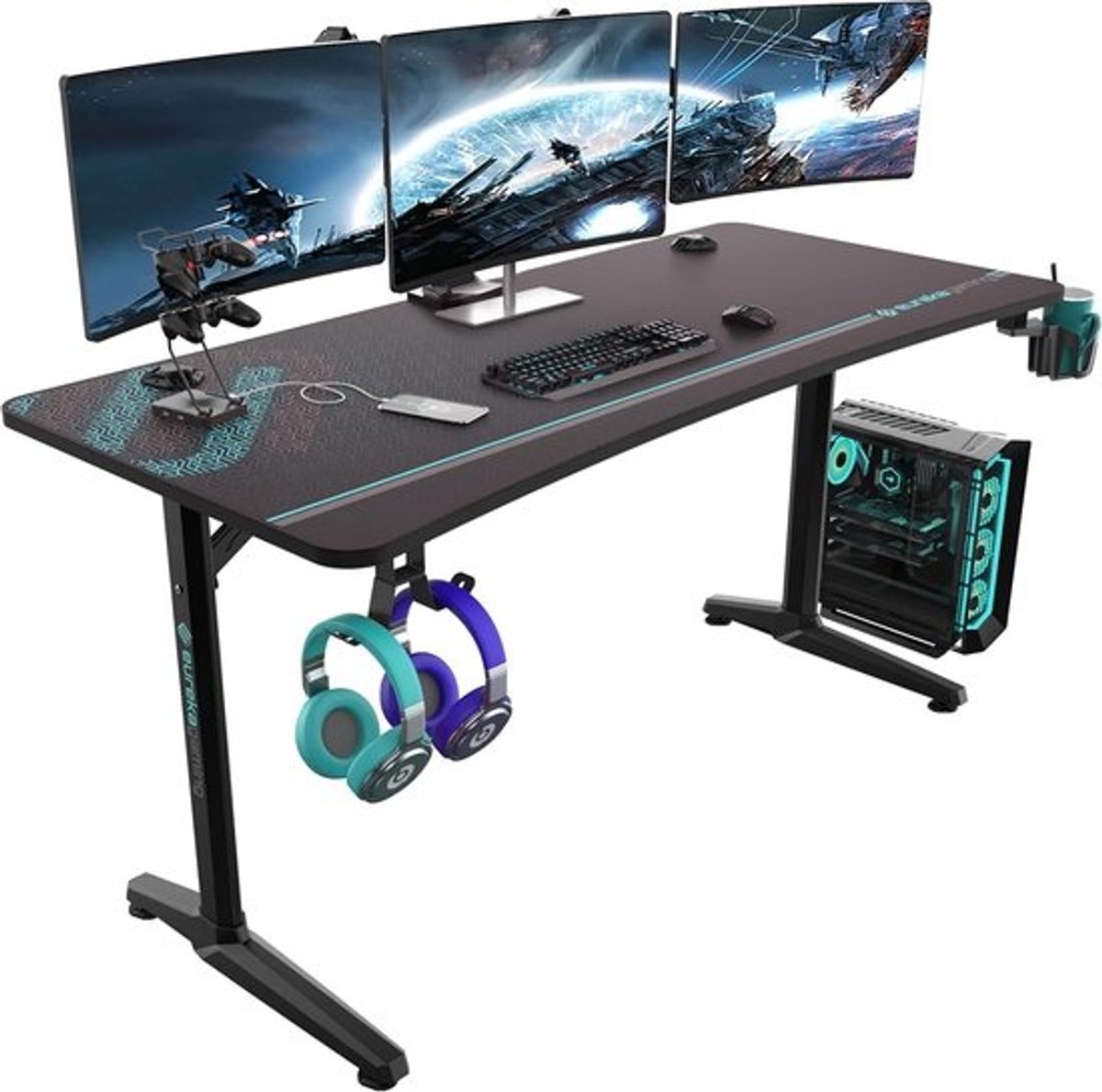 Ergonomische Gamingtafel 152x70 cm | Gamingbureau met Bekerhouder en Hoofdtelefoonhaak | Perfect voor Thuiskantoor
